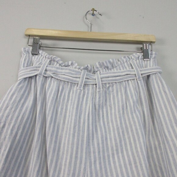 Abercrombie & Fitch Paperbag Shorts Women L White Blue Striped Linen Blend - Picture 6 of 11